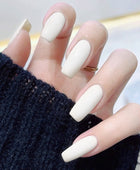 Press on Nails, Cream white minimalist pure color white nail art artificial nails with medium length square nail pieces