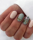 Press on Nails, Trimmed oval green tea-dyed gold line flower suede wearing nail art with European and American fashion movement