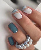 Press on Nails, Clear sea blue pure color nail art European and American square short style false nails wear 24pieces
