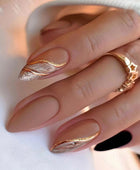 Press on Nails, Medium Winter mood nails with autumn ambiance, highlights of white skin, brown lake smudges, and almond shape nails