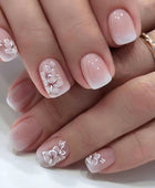 Press on Nails, Short square white flower gentle gradient fairy fashionable, versatile fake nail finished wearing nail
