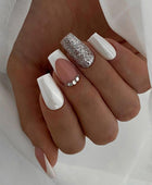 Press on Nails, Long-length European and American ballet dress diamond glitter powder white French artificial nails sweet and cool girl nail art nail wear