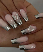 Press on nails, Long ballet suit with metallic gray gradient artistry, French piled diamond butterfly nail art, emotional false nails with wearable nail pieces