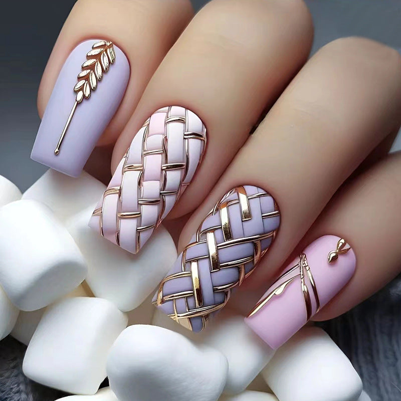 Wearable nail stickers, detachable manicure pieces, square medium-length wheat braid checkboard nail stickers.