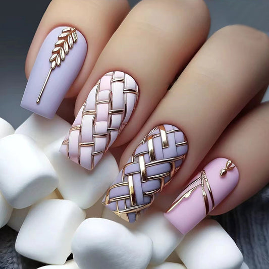 Wearable nail stickers, detachable manicure pieces, square medium-length wheat braid checkboard nail stickers.