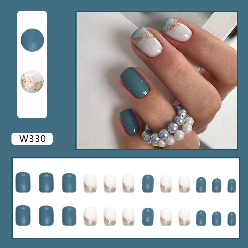 Press on Nails, Clear sea blue pure color nail art European and American square short style false nails wear 24pieces