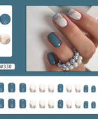Press on Nails, Clear sea blue pure color nail art European and American square short style false nails wear 24pieces
