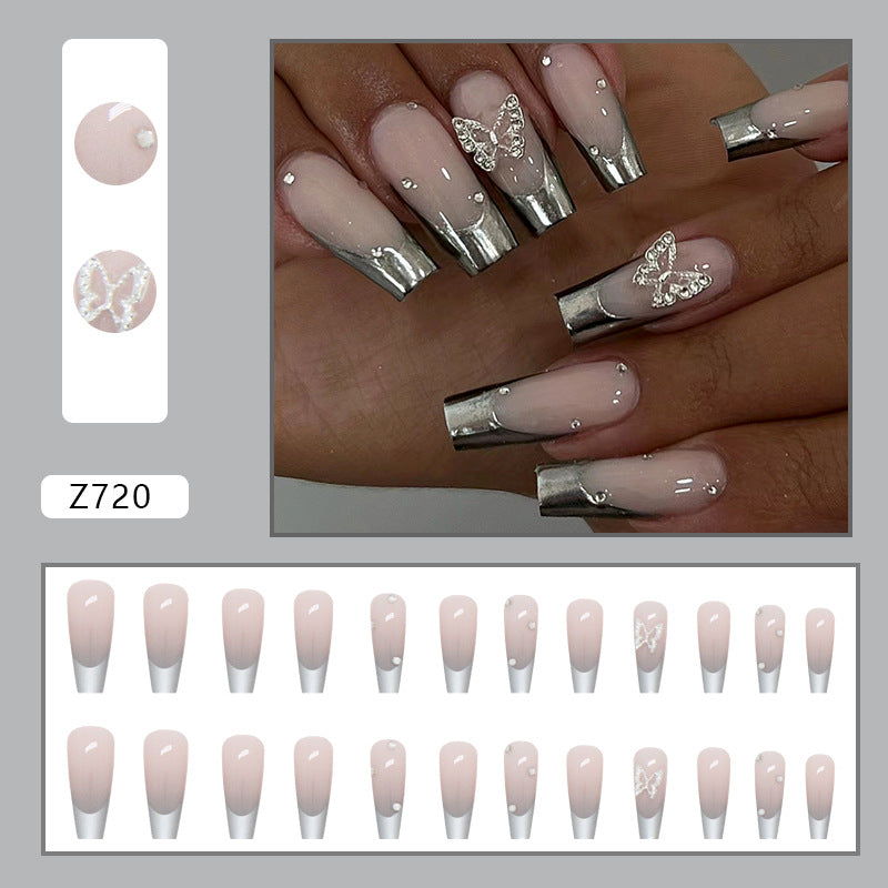 Press on nails, Long ballet suit with metallic gray gradient artistry, French piled diamond butterfly nail art, emotional false nails with wearable nail pieces