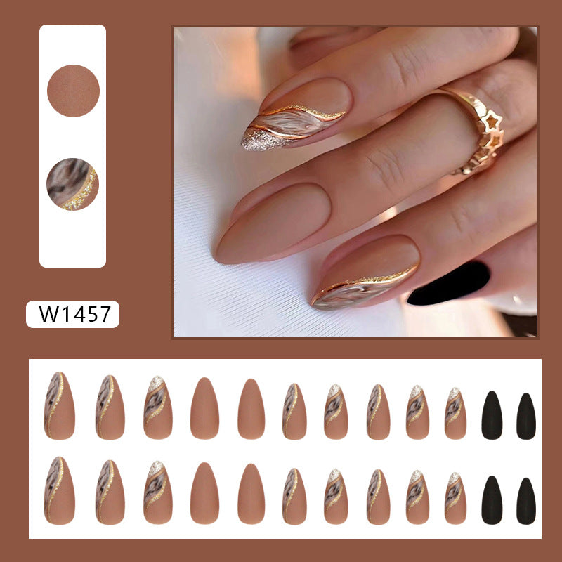 Press on Nails, Medium Winter mood nails with autumn ambiance, highlights of white skin, brown lake smudges, and almond shape nails