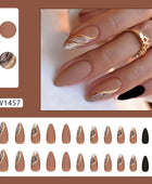 Press on Nails, Medium Winter mood nails with autumn ambiance, highlights of white skin, brown lake smudges, and almond shape nails