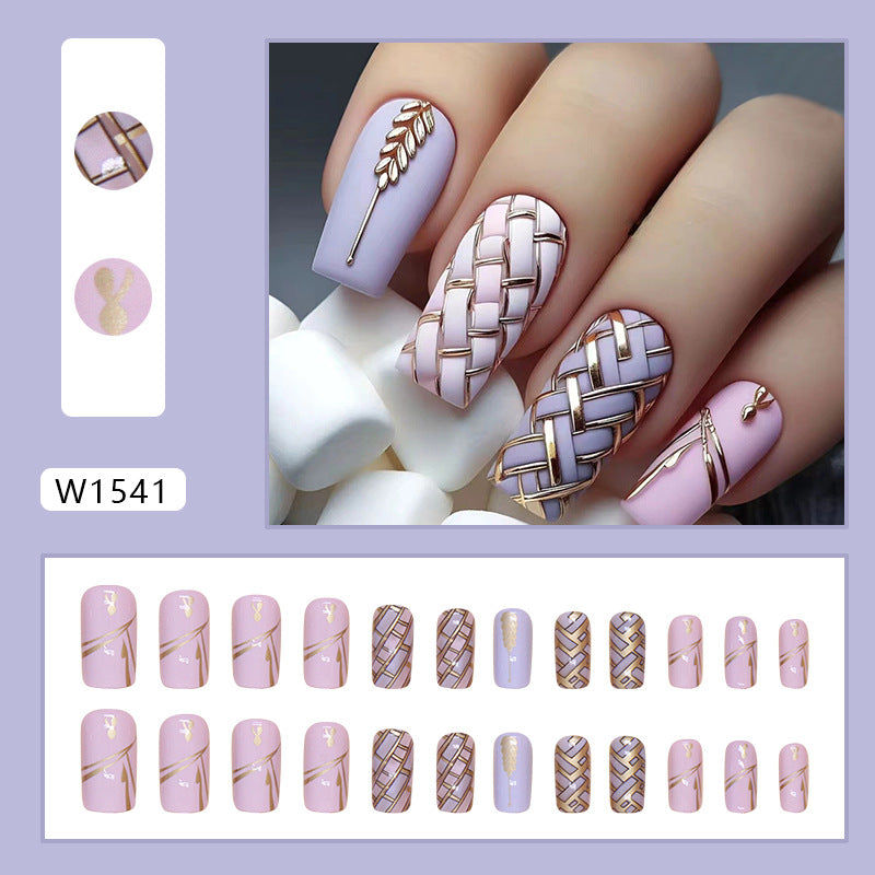 Wearable nail stickers, detachable manicure pieces, square medium-length wheat braid checkboard nail stickers.