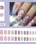 Wearable nail stickers, detachable manicure pieces, square medium-length wheat braid checkboard nail stickers.