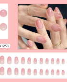 Press on Nails, pink tender gradient adolescent pure and seductive oval false nails