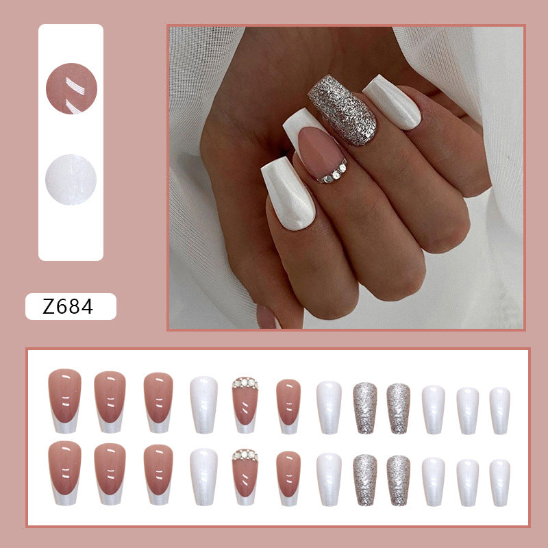 Press on Nails, Long-length European and American ballet dress diamond glitter powder white French artificial nails sweet and cool girl nail art nail wear