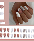 Press on Nails, Long-length European and American ballet dress diamond glitter powder white French artificial nails sweet and cool girl nail art nail wear