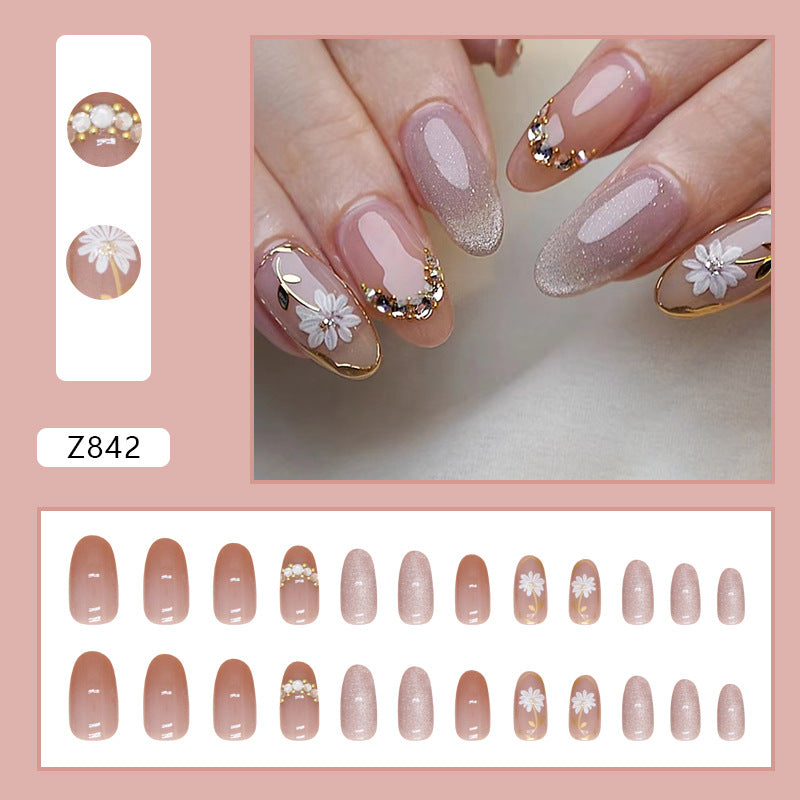 Press on Nails, Daisy cat eye crystal stone manicure fairy false nails diamond charm wearable nails finished manicure sheet