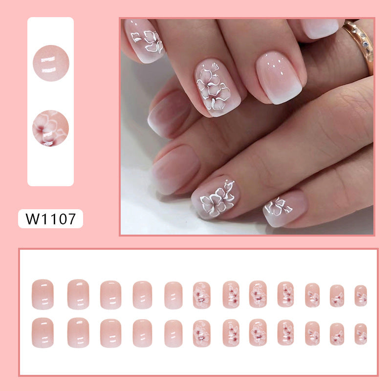Press on Nails, Short square white flower gentle gradient fairy fashionable, versatile fake nail finished wearing nail