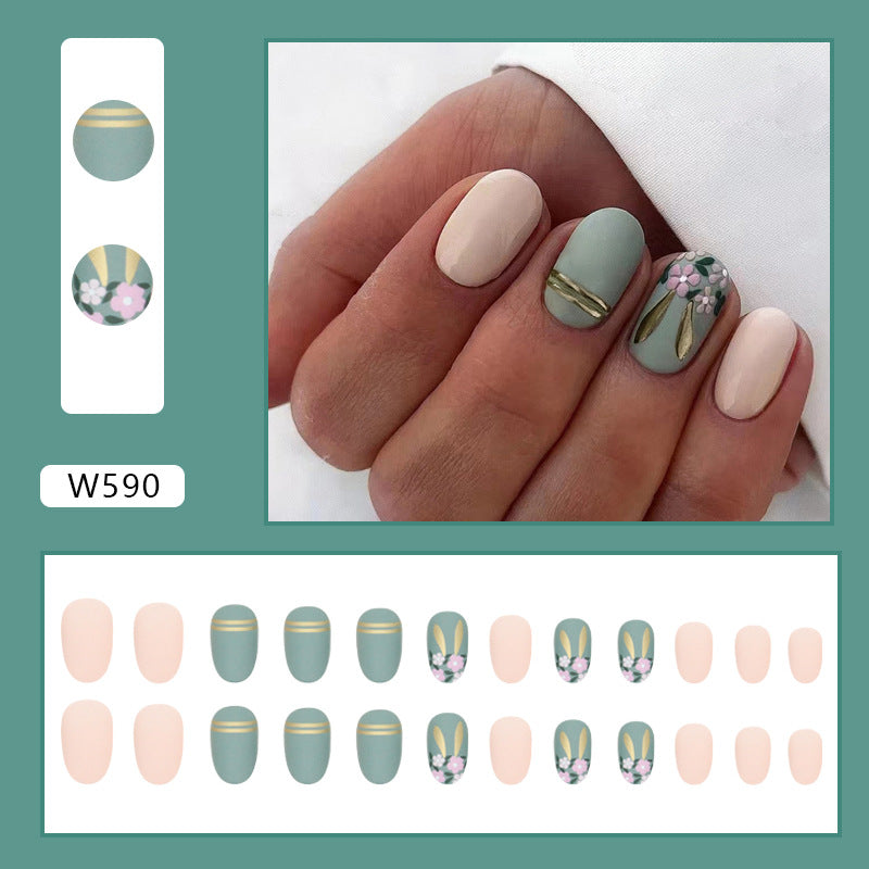 Press on Nails, Trimmed oval green tea-dyed gold line flower suede wearing nail art with European and American fashion movement