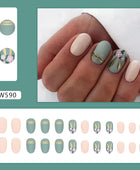 Press on Nails, Trimmed oval green tea-dyed gold line flower suede wearing nail art with European and American fashion movement