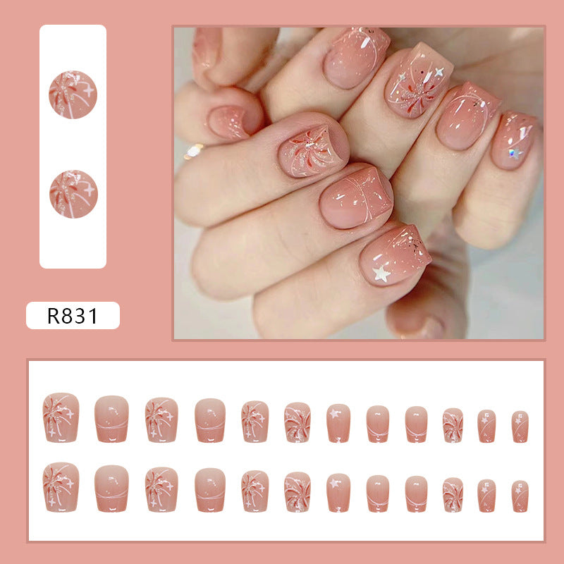 Press on Nails, Blush nail art firework detachable star nails pieces short ballet nail art stickers mini short ladder fake nails pieces