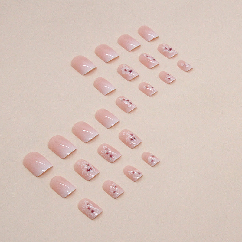 Press on Nails, Short square white flower gentle gradient fairy fashionable, versatile fake nail finished wearing nail