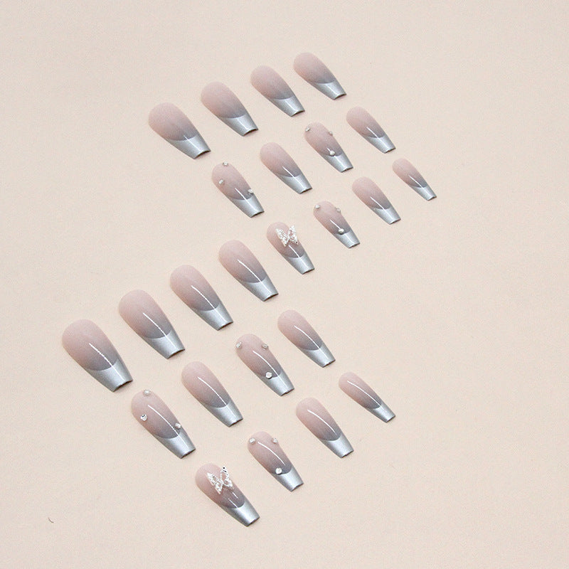 Press on nails, Long ballet suit with metallic gray gradient artistry, French piled diamond butterfly nail art, emotional false nails with wearable nail pieces