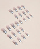 Press on nails, Long ballet suit with metallic gray gradient artistry, French piled diamond butterfly nail art, emotional false nails with wearable nail pieces