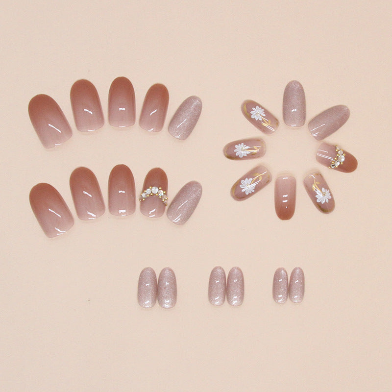 Press on Nails, Daisy cat eye crystal stone manicure fairy false nails diamond charm wearable nails finished manicure sheet