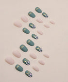 Press on Nails, Trimmed oval green tea-dyed gold line flower suede wearing nail art with European and American fashion movement