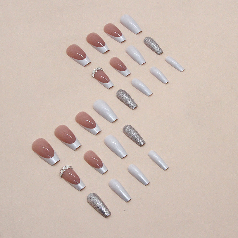 Press on Nails, Long-length European and American ballet dress diamond glitter powder white French artificial nails sweet and cool girl nail art nail wear
