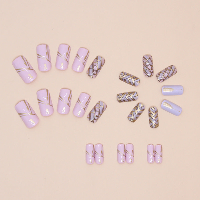 Wearable nail stickers, detachable manicure pieces, square medium-length wheat braid checkboard nail stickers.
