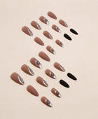 Press on Nails, Medium Winter mood nails with autumn ambiance, highlights of white skin, brown lake smudges, and almond shape nails