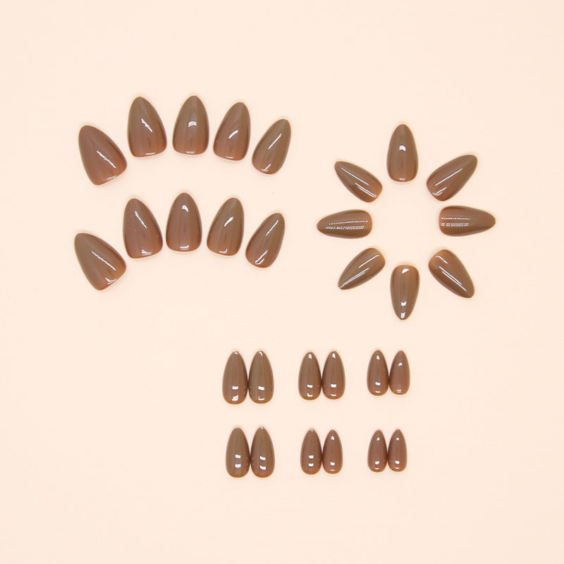 Plain false nails, light brown wearable artificial nails, detachable manicure pieces with simple nail pieces, short almond nail stickers