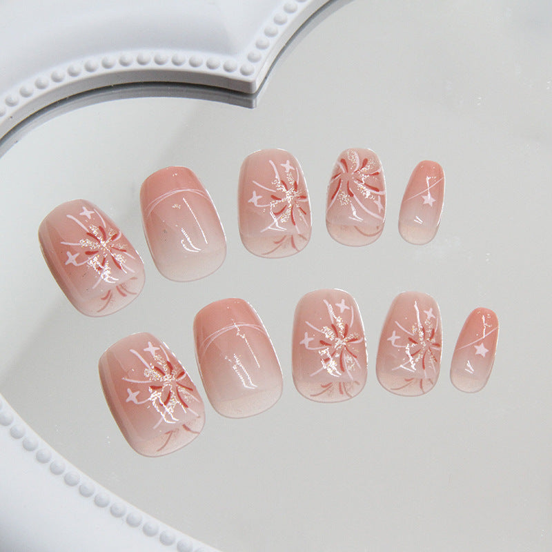 Press on Nails, Blush nail art firework detachable star nails pieces short ballet nail art stickers mini short ladder fake nails pieces