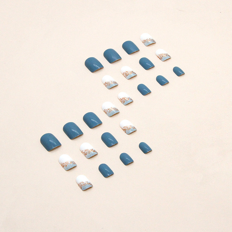 Press on Nails, Clear sea blue pure color nail art European and American square short style false nails wear 24pieces