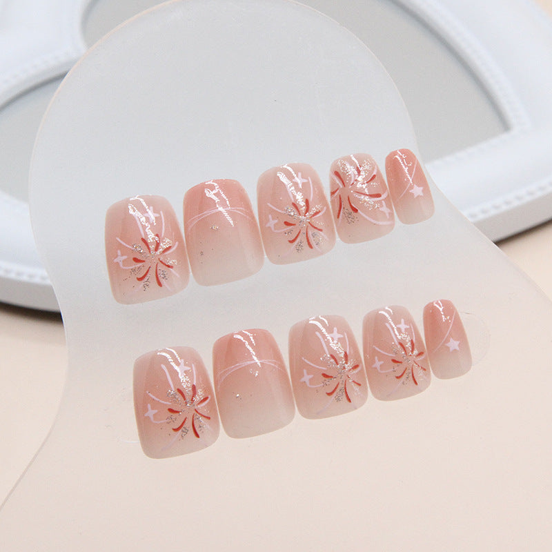 Press on Nails, Blush nail art firework detachable star nails pieces short ballet nail art stickers mini short ladder fake nails pieces