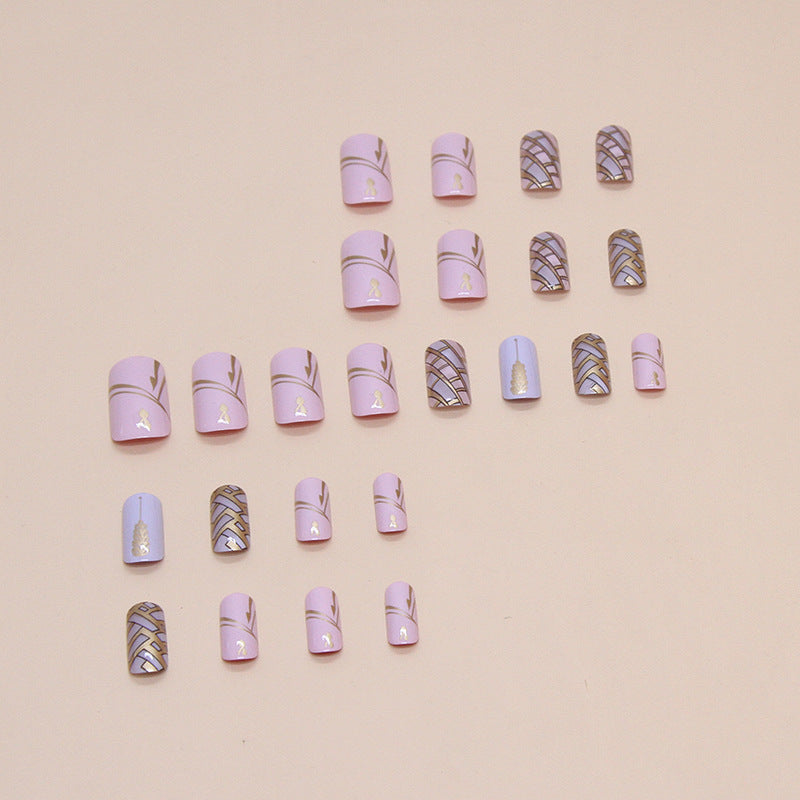 Wearable nail stickers, detachable manicure pieces, square medium-length wheat braid checkboard nail stickers.