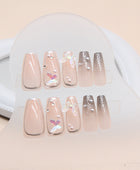 Press on Nails, Pearl Butterfly Wearable Nail Art with Long and Wide Ballet Nails, French-style False Nails, Jewelry-embellished Nails