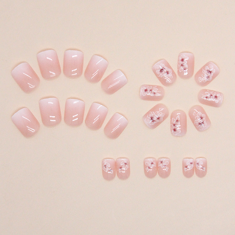Press on Nails, Short square white flower gentle gradient fairy fashionable, versatile fake nail finished wearing nail