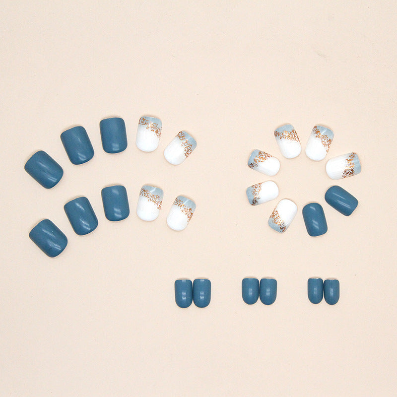 Press on Nails, Clear sea blue pure color nail art European and American square short style false nails wear 24pieces