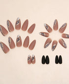 Press on Nails, Medium Winter mood nails with autumn ambiance, highlights of white skin, brown lake smudges, and almond shape nails