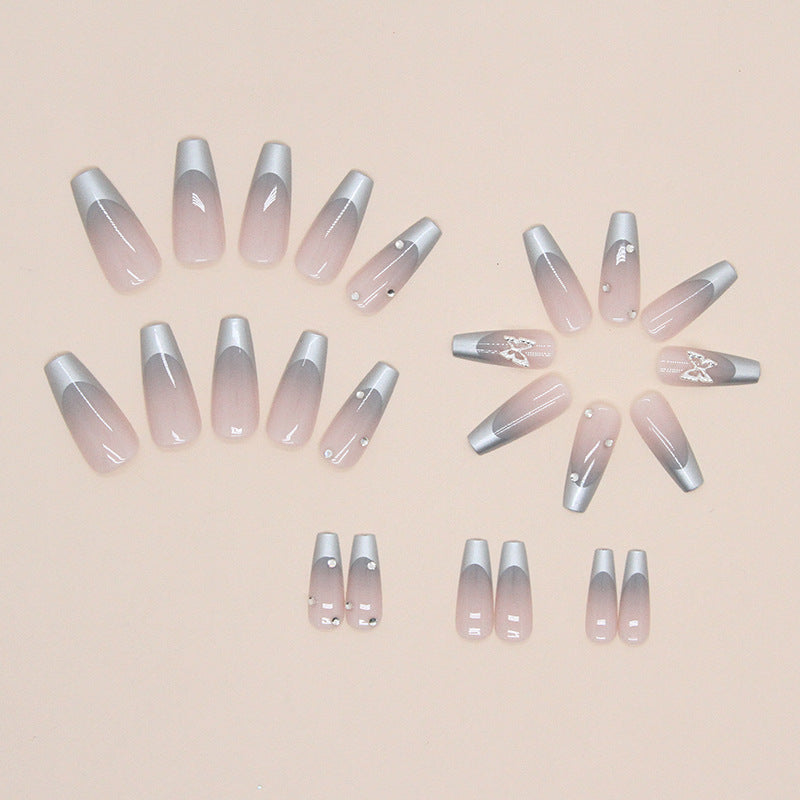 Press on nails, Long ballet suit with metallic gray gradient artistry, French piled diamond butterfly nail art, emotional false nails with wearable nail pieces