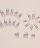 Press on nails, Long ballet suit with metallic gray gradient artistry, French piled diamond butterfly nail art, emotional false nails with wearable nail pieces