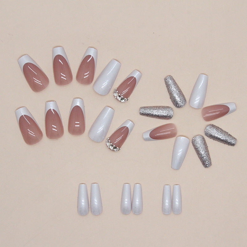 Press on Nails, Long-length European and American ballet dress diamond glitter powder white French artificial nails sweet and cool girl nail art nail wear