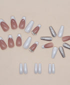 Press on Nails, Long-length European and American ballet dress diamond glitter powder white French artificial nails sweet and cool girl nail art nail wear