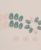 Press on Nails, Trimmed oval green tea-dyed gold line flower suede wearing nail art with European and American fashion movement