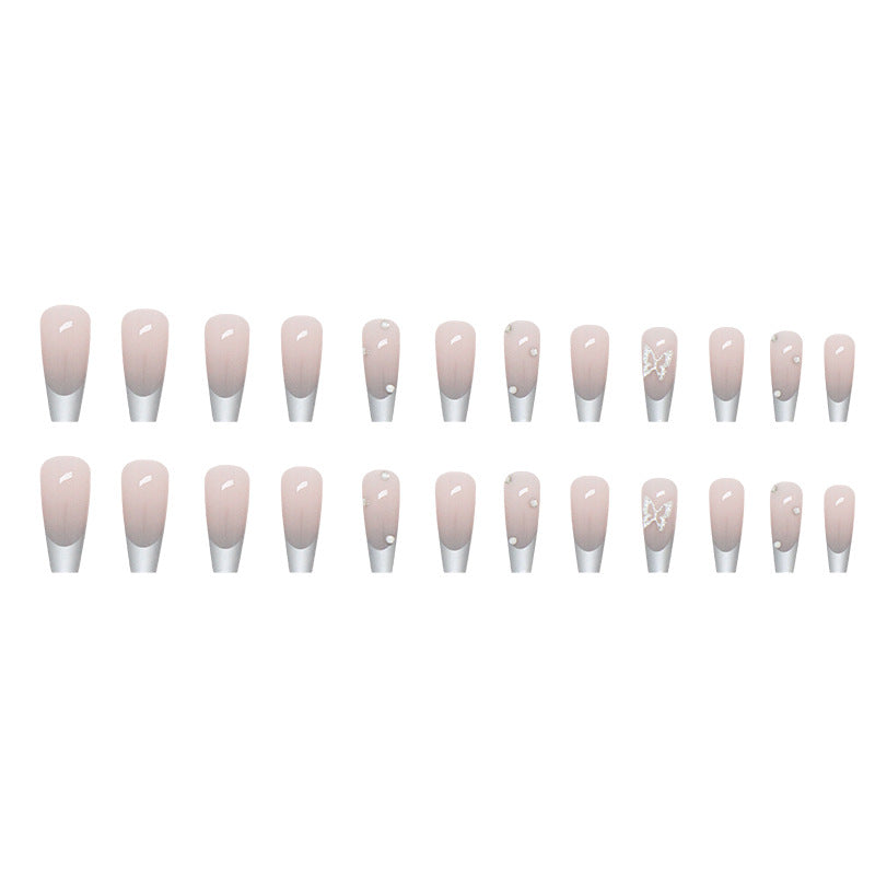 Press on nails, Long ballet suit with metallic gray gradient artistry, French piled diamond butterfly nail art, emotional false nails with wearable nail pieces