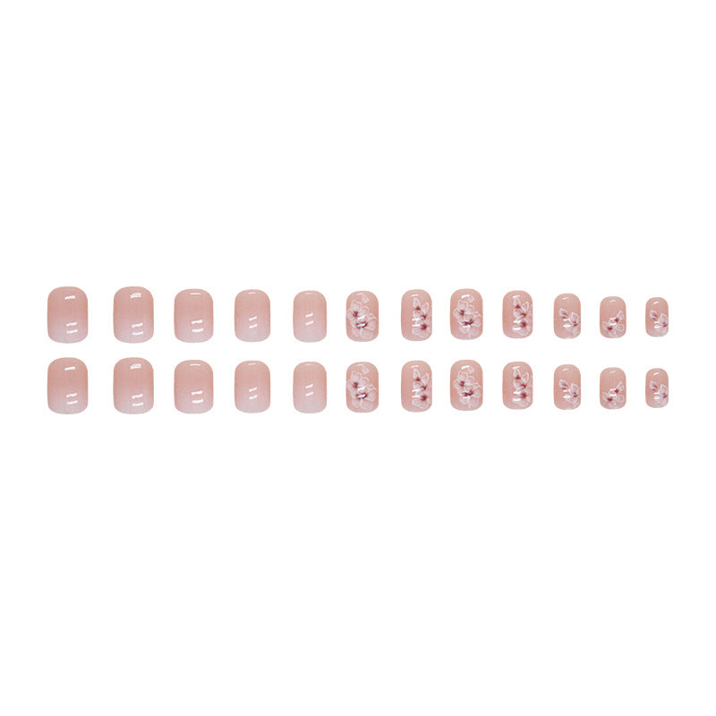 Press on Nails, Short square white flower gentle gradient fairy fashionable, versatile fake nail finished wearing nail