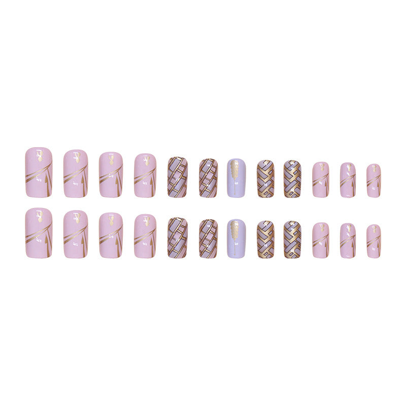 Wearable nail stickers, detachable manicure pieces, square medium-length wheat braid checkboard nail stickers.